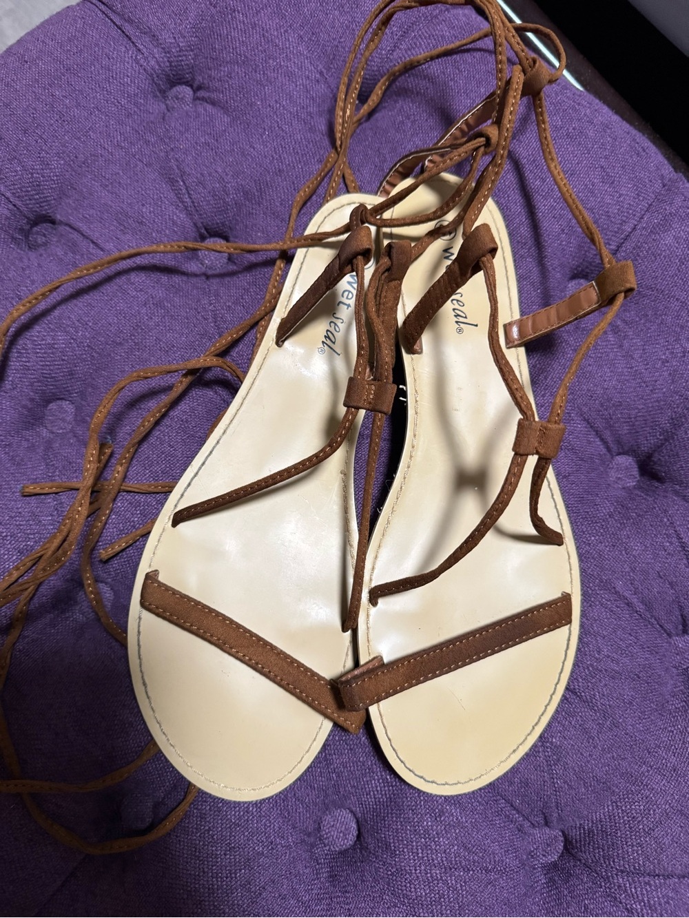 Wet Seal Brown Lace-Up Gladiator Sandals with Cream Footbed
